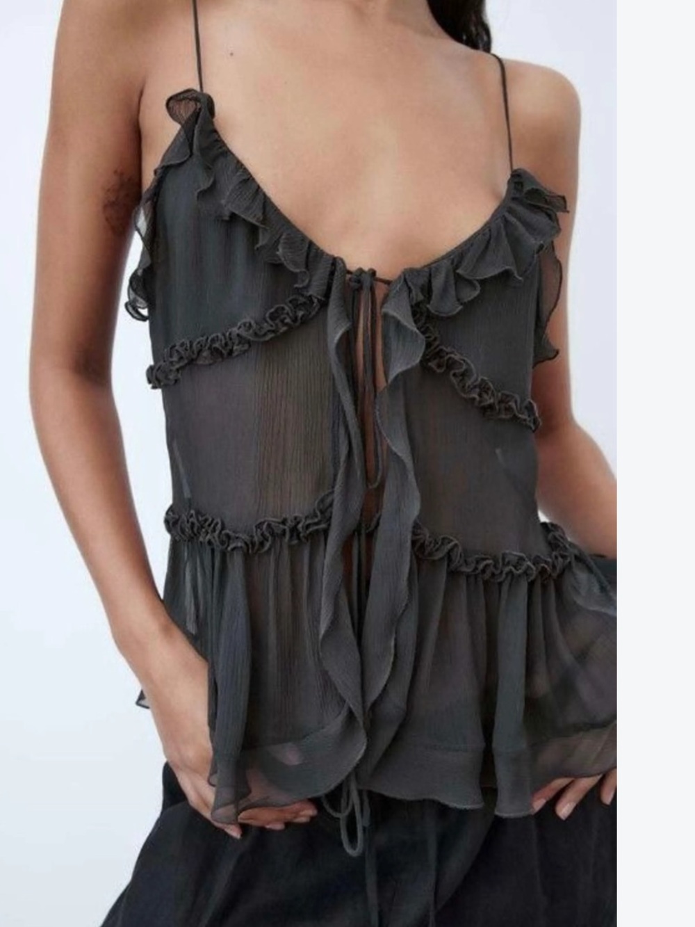 Zara ruffled semi sheer fairycore tank top XS charcoal delicate cami coquette